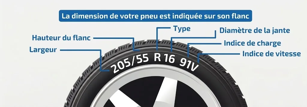 Schéma d'un flanc de pneu : la dimension 205/55 R 16 est inscrite en relief sur le flanc, avec la largeur, la hauteur du flanc, le diamètre de la jante